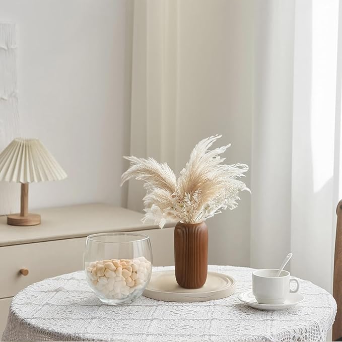 Ceramic Vase for Flowers – Modern Small Ribbed Textured Flower Vase for Home Decor, Pampas Grass, Decorative, Farmhouse, Coffee Table, Kitchen Centerpieces, Bookshelf and Home Living (Caramel)