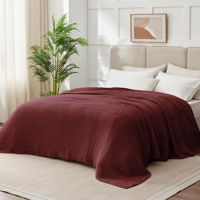 100% Cotton Muslin Blanket Queen 90" x 90", 6 Layers Breathable and Lightweight Cotton Throw Blankets for Bed, Soft Cooling Summer Gauze Blanket for Adults All Season, Burgundy