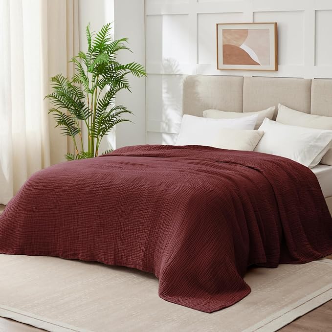 100% Cotton Muslin Blanket California King 120" x 90", 6 Layers Breathable and Lightweight Oversized Blankets for Bed, Soft Cooling Gauze Blanket for Adults All Season, Burgundy