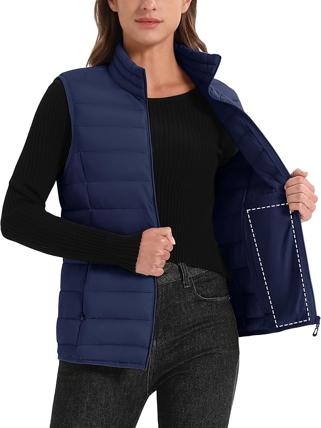 MAGCOMSEN Women's Puffer Vest Lightweight Stand Collar Zip 4 Pockets Puffy Vests Sleeveless Quilted Padded Outerwear