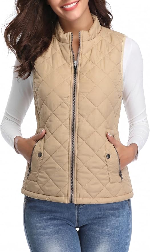 Fuinloth Women's Quilted Vest Lightweight Puffer Stand Collar Zip Gilet | 4 pockets with 2 inner storage. Quilted padded warm gilet. Fall winter outerwear layering vest for travel hiking daily wear.