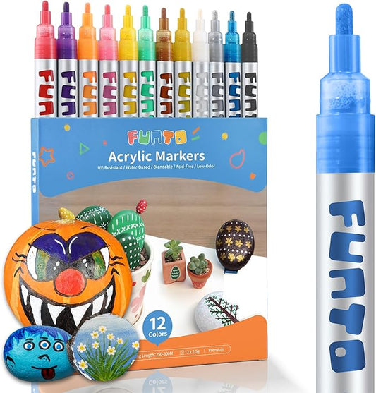 Funto Acrylic Paint Pens for Rock Painting, Fabric, Wood, Canvas, Metal, Ceramic, Glass, 12 Colors Paint Marker Set, Non-Toxic, Quick Drying