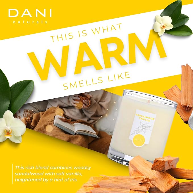 DANI Naturals Sandalwood Vanilla 100% Soy Wax Candle, Non-Toxic, 7.5oz | Vegan,soy wax candle,Clean-burning with organic cotton wick,Warm sandalwood vanilla scent,Made in USA