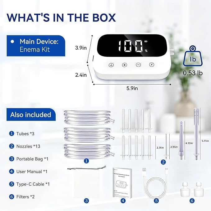Enema Kit, Coffee Enema Coffee Organic Kit, Electric Enemas for Colon Cleanse for Women Men, Adjustable 100 Water Pressure & 13 Replaceable Nozzles (Elegant White)