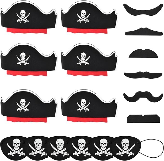 Halatool 6 Set Pirate Accessories for Kids, Include 6 Felt Pirates Hats with 6 Eye Patches and 6 Mustaches, Pirate Costume Accessories for Halloween, Masquerade, Cosplay, Party Favors Decor