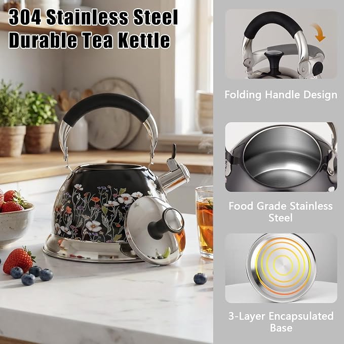 Stainless Steel Whistling Tea Kettle Stovetop - 3.1QT Tea Pot for Stove Top, Vintage Floral Print, Foldable Handle, 304 Stainless Steel Interior Teatop for Tea, Coffee, Party & Gift