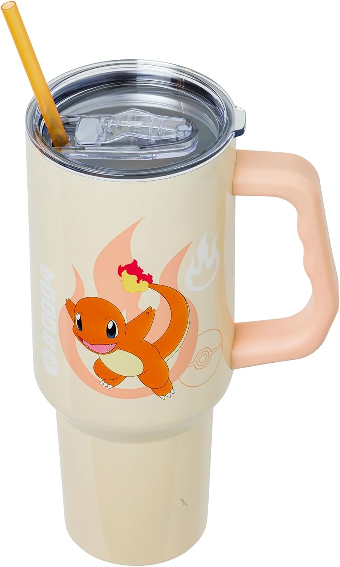 Silver Buffalo Pokémon Stainless Steel Tumbler with Handle Featuring Charmander, Fits in Standard Cup Holder, 40 Ounces