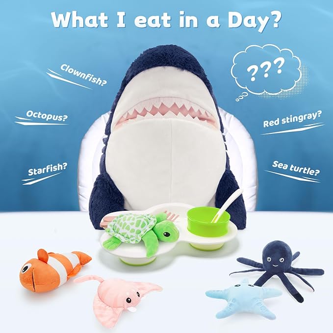 MaoGoLan 24 inch Large Plush Shark Stuffed Animal, Shark Toys with 5 Ocean Sea Animals Inside No-Zipper Mouth - Octopus, Turtle, Clown Fish, Starfish, Stingray - Kids Party Favors Decorations