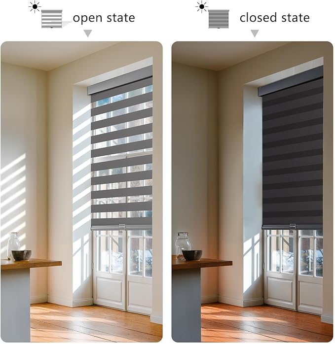 AOSKY Cordless Zebra Blinds for Windows Pull Down Roller Window Shades Dual Layer Light Filtering Privacy for Day and Night, Free-Stop Door Shades for Home Easy to Install (64" W X 72" H，Grey)