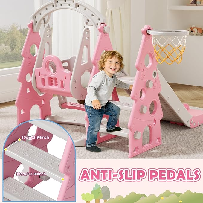 KORIMEFA 4-in-1 Kids Slide and Swing Set, Toddler Slide with Basketball Hoop, Swing, Outdoor Indoor Playground for Toddlers 1-3 Pine Shape Design(4 in1-Pink)