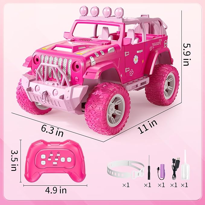 JUKUDAHU Pink Remote Control Car for Girls 4-7, 2.4GHz Off-Road RC Jeep with Spray, Climbing Toy for Girls Aged 3-4 5-6 7-8 9-10, Remote Control Vehicle Gift for Birthday Christmas Toys