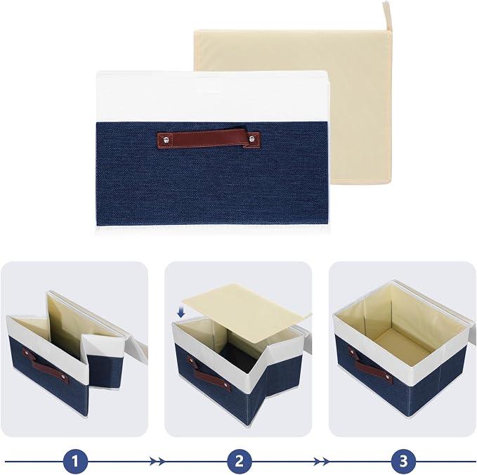 ANMINY Fabric Storage Box Bins with Lids, Blue White, 10"x8"x7" | Keepsake Memory Storage, Cotton Linen, PP Board Reinforced, Washable, PU Handles, Foldable & Stackable, Decorative, Small
