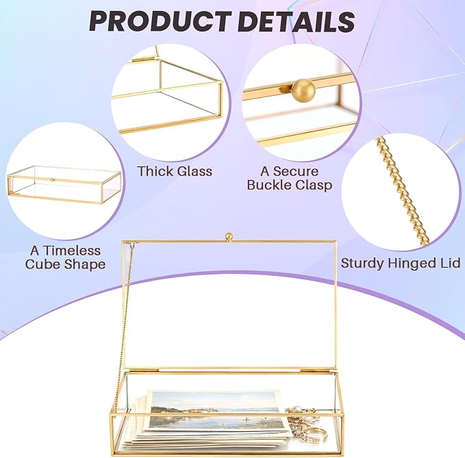 MAOPINER 8.66 x 5.32 x 1.81 Vintage Gold Glass Jewelry Box with Lid | Clear Glass Display Organizer with Lid for Rings, Bracelets & Earrings, Decorative Rectangular Jewelry Storage Case