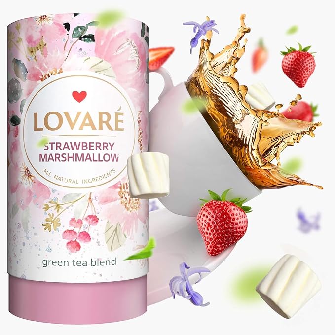 LOVARE Strawberry Marshmallow Loose Leaf Tea 80 g - Made in Ukraine - Green Tea, Cornflower Petals - Gift Box with 15 Paper Filters (Strawberry Marshmallow)