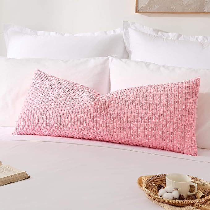 Kevin Textile Soft Corduroy 14"x36" Lumbar Pillow Cover 1 Pack, Pink | Boho Stripe Plush Corduroy Decorative Oblong Cushion Cover Modern Farmhouse Home Decor for Sofa Couch Bed Chair
