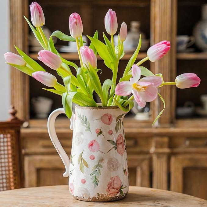 Retro Rustic Large Ceramic Vase with Handle, Distressed Farmhouse Pitcher for Home, Ideal Shelf Decor Floral Vase for Living Room Bedroom Office Table Centerpiece Decorations 9 Inch