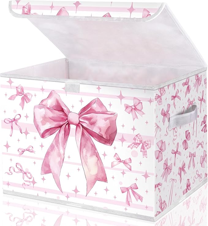 Briwooody Pink Bow Storage Bin with Lid and Carrying Handle Cute Coquette Foldable Storage Box Large Bow Knot Girly Decorative Collapsible Container Basket for Organizing Closet Home Bedroom Gift