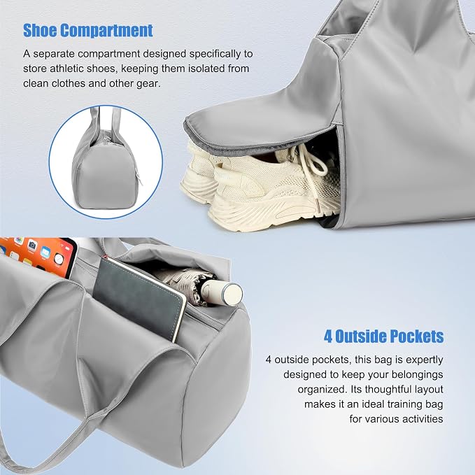 Forestfish Yoga Gym Bag For Women With Shoes Compartment & Wet Dry Storage Pockets Lightweight Duffel Bag, Grey