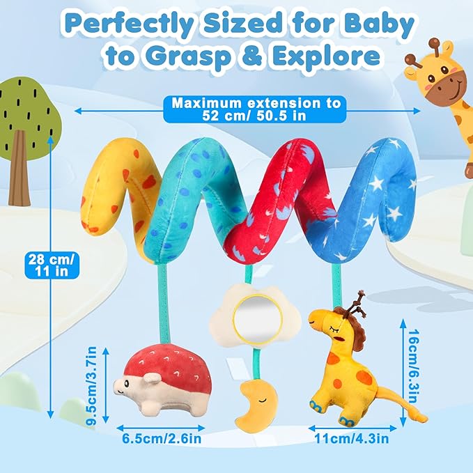 URMYWO Car Seat Toys for Babies 0-6 Months, Hanging Toy Fits Stroller, Sensory Baby Toy with Bell Crinkle Mirror, Baby Travel Gear Shower Gift for Boys Girls, Valentines Gifts Easter Basket Stuffers