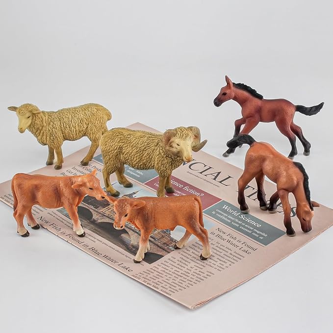 LC JoyCre Farm Animals Playset 6PCS Cows Sheep Horses Toys Realistic Calves Figures Horses Figurines Sheep for Toddlers Trakehner Foal Model Decoration for Birthday Party Collection for Kids