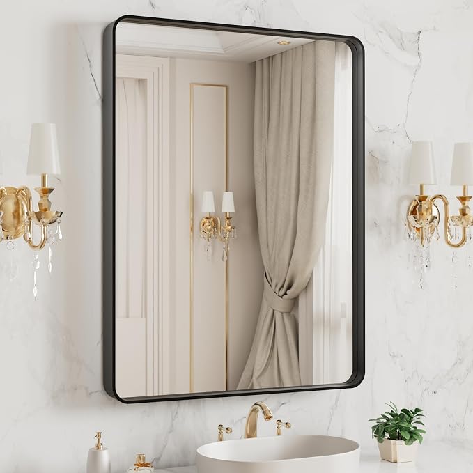 LOAAO 20X16 Inch Black Bathroom Mirror Metal Framed | Matte Black, Rounded Rectangle, Anti-Rust, Hangs Horizontally or Vertically