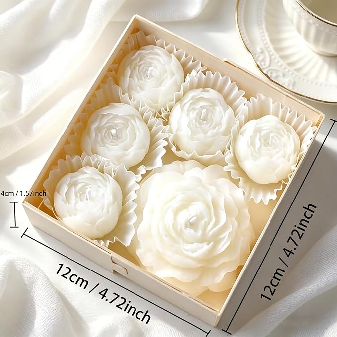 Flower Candles, Rose Peony Shaped Scented Floral Candle (White) | 6-Pack Handmade Aromatherapy for Spa Party Wedding Home Decor