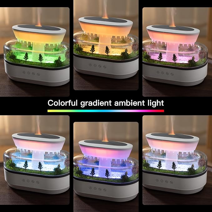 Essential Oil Diffuser 250ML Cloud Humidifier Rain Water Drip Diffuser Humidifier with Drip Music Micro Landscape Ultrasonic Diffuser for Bedroom Office Hotel (White Grey)
