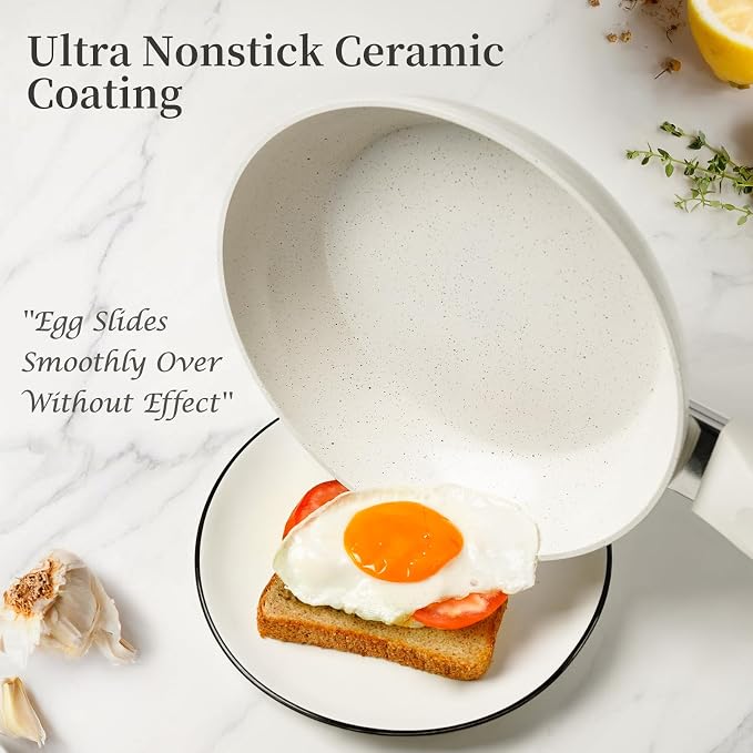 Innerwell 9.5-Inch Nonstick Frying Pan Small Egg Pan Skillet | Even Heating All Stove Compatible, PFOA PFOS Free, Granite Stone Cookware Skillet, Healthy and Non Toxic, Ceramic White