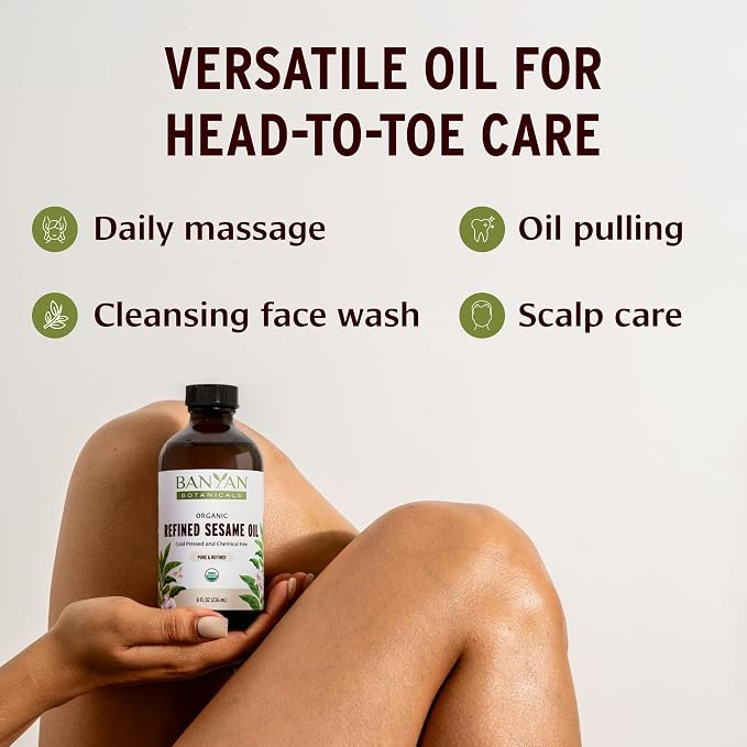 Banyan Botanicals Organic Refined Sesame Oil – Premium Ayurvedic Massage Oil for Body & Skin – Light & Mild Scented Warming Oil for Abhyanga Self-Massage – 16 oz – USDA Organic