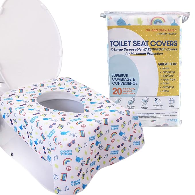 XL Full Coverage Disposable Toilet Seat Covers for Kids, Adults & Potty Training, Waterproof, 20 Pcs - Single Wrapped (Good Vibes)