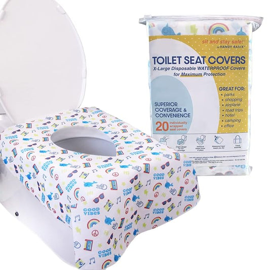 XL Full Coverage Disposable Toilet Seat Covers for Kids, Adults & Potty Training, Waterproof, 20 Pcs - Single Wrapped (Good Vibes)