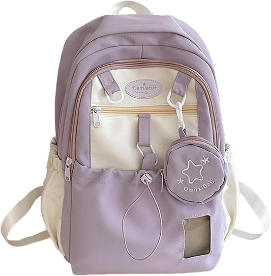 Kawaii Backpack Double Shoulder Bag with Cute Star Removable Pouch Small Clear Front Pocket Large Capacity Fits 16" Laptop Dopamine Colors Daypack (Purple)