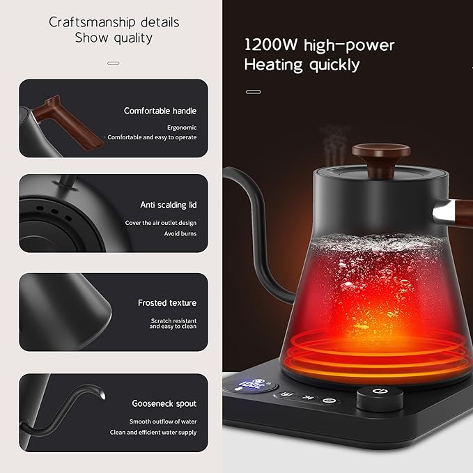 RHD Gooseneck Electric Kettle with Temperature Control LCD Display, 0.9L/900ml Pour Over Coffee & Tea Kettle, 1200W Fast Boil, Keep Warm, 304 Stainless Steel, Black