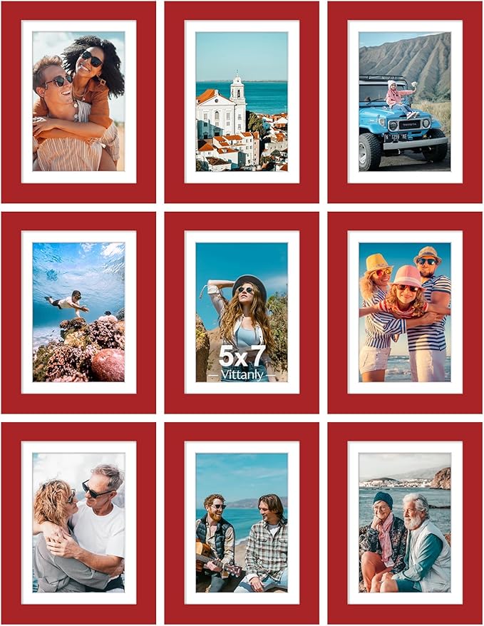 Vittanly 5x7 Picture Frames Set of 9 for Wall or Tabletop Display, Red | Display Pictures 4x6 with Mat or 5x7 without Mat, Small Photo Frames, Engineered Wood with Shatter Resistant Plexiglass