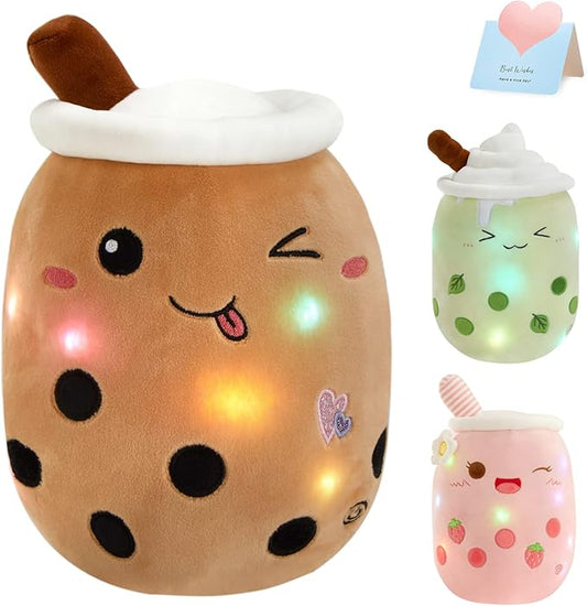 Athoinsu Light Up Boba Milk Tea Plush Pillow,10''Kawaii Chocolate Bubble Stuffed Animal Toy with LED Lights,Birthday Christmas Holiday Valentines Gifts for Kids,Girls,Boys