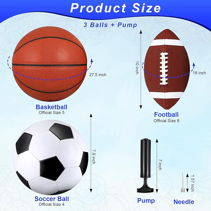 Libima 3 Pcs Sports Ball Set for Kids Teens Include Official Size 5 Basketball 4 Soccer 6 Football with Pump and Carry Bag Training Practice Sport Gift for Kids Teens Back to School