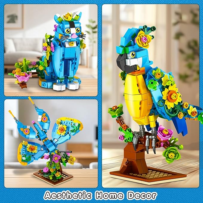 Flower Cat Building Set, 3 in 1 Floral Parrot Butterfly Animal Figure Building Toy for Home Office Art Decor, 412 PCS Building Block Gift for Adults Kids Boys Girls Ages 8 9 10 11 12+