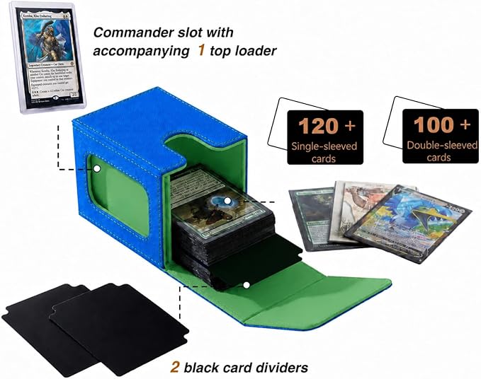 Venssu MTG Deck Box for Commander Display,Card Deck Box Fits 100 Double Sleeved Cards,TCG with 2 Dividers and 1 Toploader (Blue＆Green)