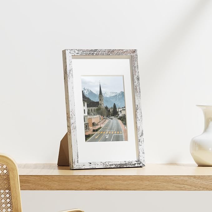 Vittanly 8x12 Picture Frames Set of 9, Wall & Tabletop, Distressed White | Display Pictures 6x8 with Mat or 8x12 without Mat, Engineered Wood with Shatter Resistant Plexiglass, Gallery Photo Frames