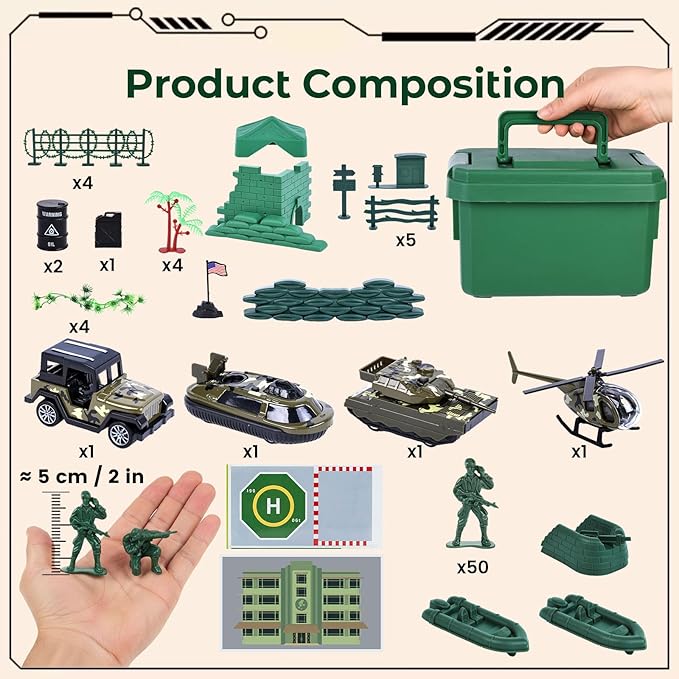 LovesTown 115PCS Army Men Playset, Military Soldier Set Army Action Figures Battle Group Military Base Toy with Box Helicopter for Gifts Green