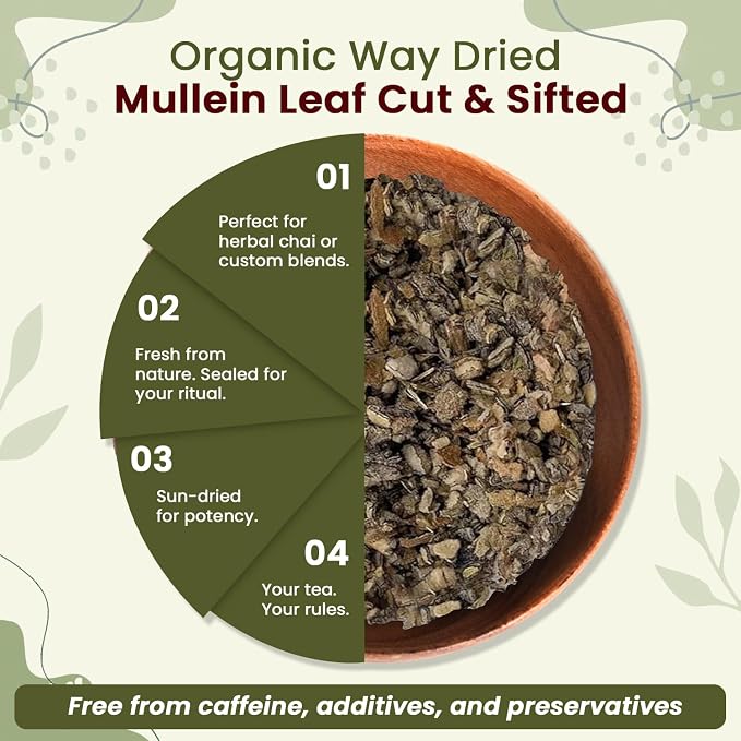 Organic Way Mullein Leaf | Herbal Tea (Verbascum Thapsus) Cut & Sifted - European Wild-Harvest | Organic & Kosher Certified | Non GMO & USDA Certified | Origin - Albania (1LBS / 16Oz)