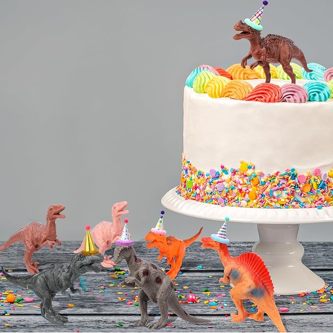 18 Pcs Dinosaur Birthday Party Decorations Mini Birthday Hat Animal Figure Model Cake Toppers with Mini Hat for Wild Animals Themed Party Birthday Party