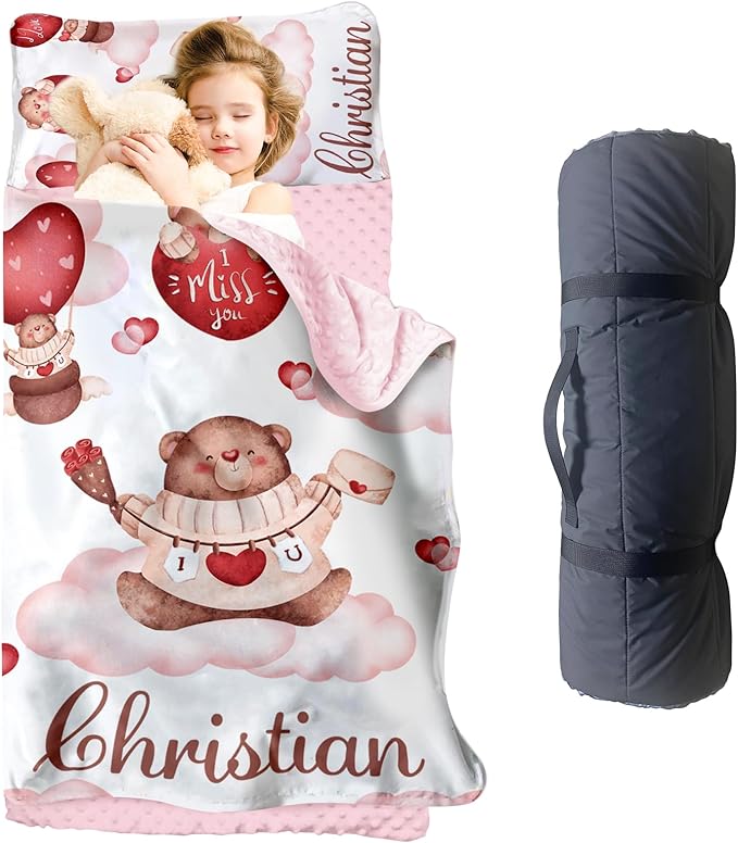 Personalized Toddler Nap Mat for Girls – Custom Name Kids Nap Mat – Daycare Sleeping Mats with Removable Pillow and Soft Minky Dot Blanket for Preschool, Travel, Kindergarten