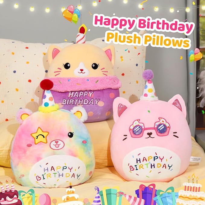 Athoinsu 14" Happy Birthday Light up Musical Bear Plush Pillow Cute Rainbow Stuffed Animal Soft Kawaii Birthday Plushie Star Wink Funny Pillows Home Room Decoration Gifts for Toddlers Kids Girls