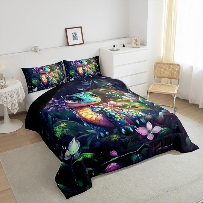 Feelyou Dragon Comforter Set Twin Size Dragon Stuff Comforter for Boys Girls Teens Wild Life Bedding Set Flower and Grass Duvet Set Room Decor Balck Green Quilt Set