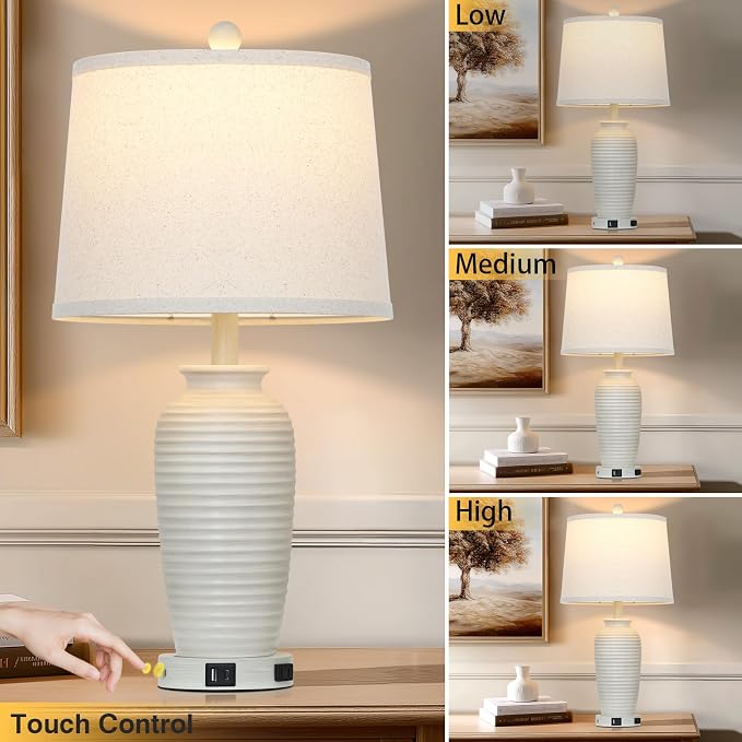 CINSARY 25" Vintage Farmhouse Jar Table Lamps, Single Rustic Bedside Lamp with USB A+C Ports & AC Outlet, Nightstand Lamps for Living Room, Bedroom, End Table, Cream(LED Bulb Included)