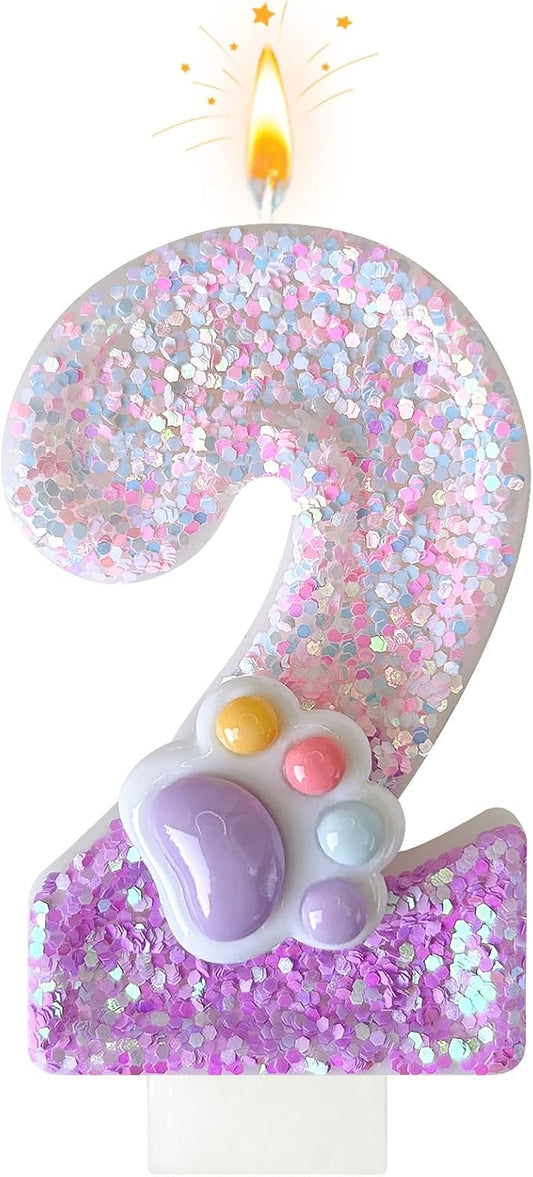 Pink Cat and Dog Paw Birthday Number Candles, Cupcake Decorations, Dog Theme Candles, Suitable for Party Celebrations, Birthday Decoration Supplies (Number 2)