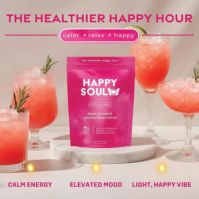 HappySoul Kava Drink Mix Powder-Alcohol Alternative for Evenings & Social Drinking - Kava Kava Mocktail for Relaxation - Adaptogen Drink with Magnesium, Ashwagandha, L-Theanine | Berry, 15 Stick Packs