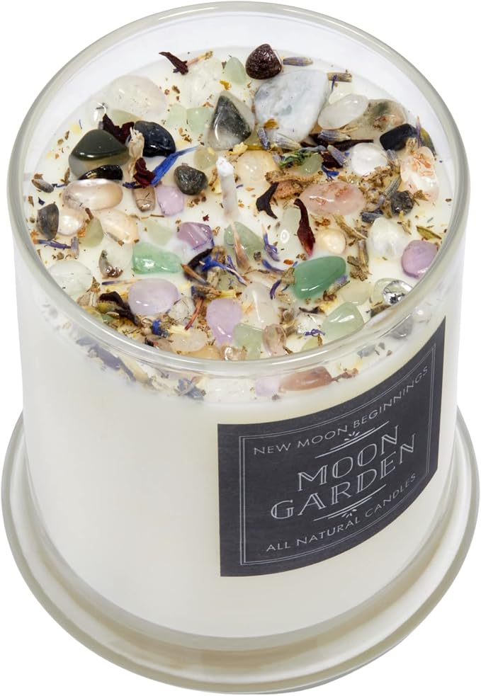 Moon Garden Candle by New Moon Beginnings - Soy Candle - All Natural Aromatherapy Crystal Candles - Intention Candle - Manifestation Candle - 12 oz Glass Jar