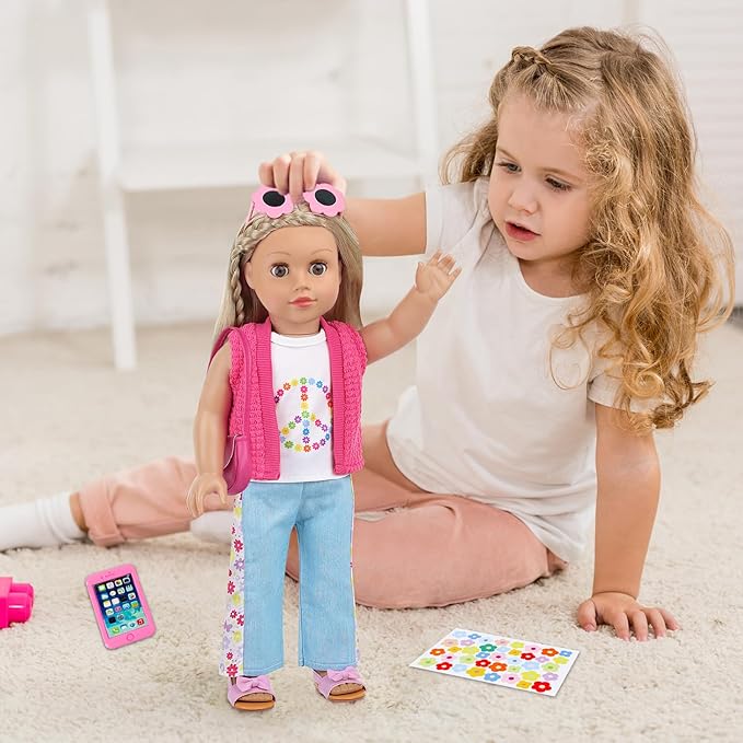 Ecore Fun American 18 Inch Doll Clothes and Accessories, 8 Pcs 18 Inch Doll Girl Clothes Set Include Sweater Vest, White Vest, Jeans, Sandals, Shoulder Bag, Mobile Phone, Sticker, Sunglasses